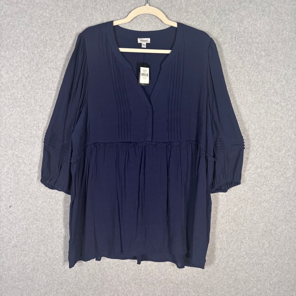 Avenue Babydoll Tunic Top Size 16 Navy Pintuck Popover Ruffle Flowy Cottage Boho